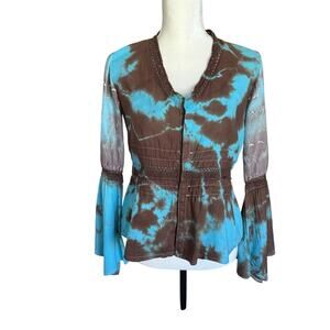 Vintage Les Gonzesses de Paris Brown and Blue Women's Tie-Dye Blouse Size 2